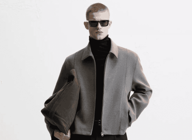 Wool-blend zip jacket on model