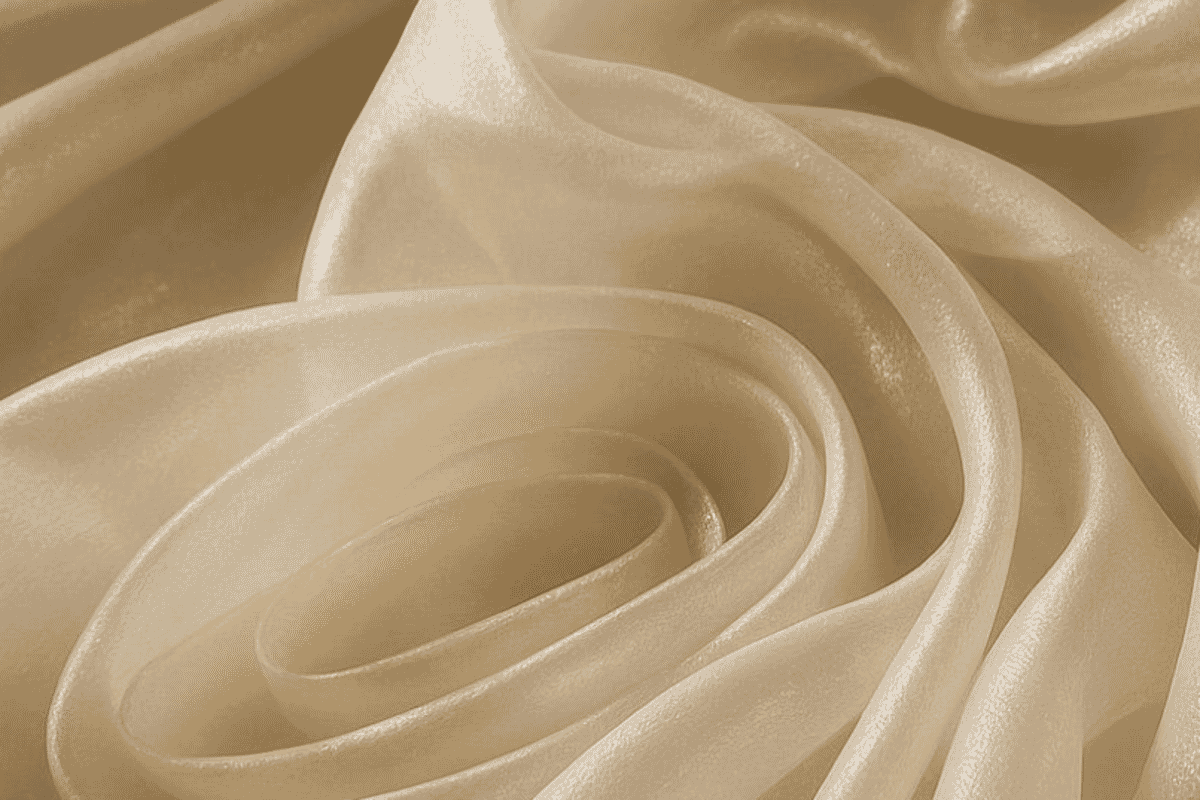 Chiffon de seda ultra-lightweight semi-transparente, usado em vestidos de noite e saias em camadas.