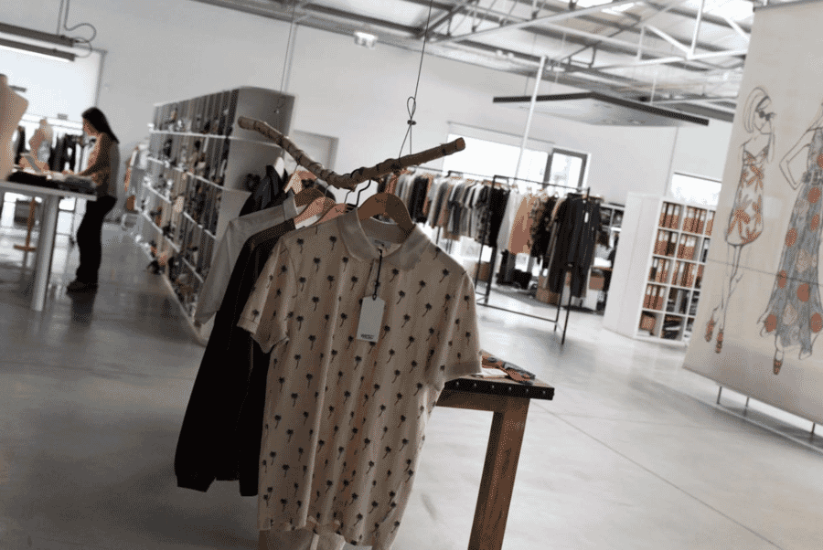 Showroom with finished samples on rails
